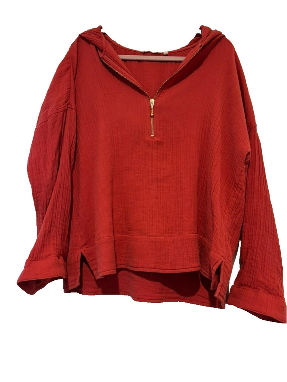 Soft Surroundings Crinkle Cotton Burnt Orange 1/2 Zip Hooded Long Sleeve Tunic B